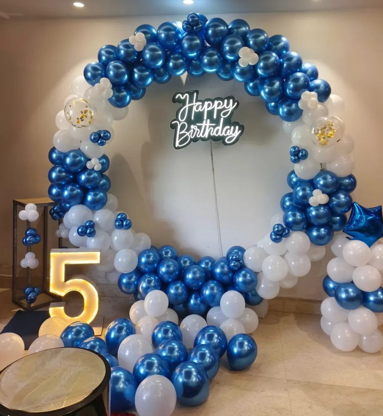 Luxury blue and white balloon ring birthday decoration with Happy Birthday neon sign and LED age number light