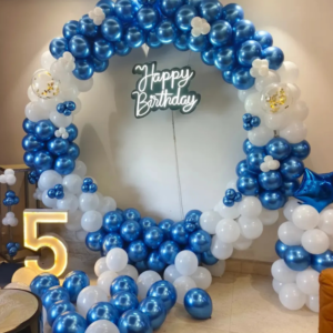 Luxury blue and white balloon ring birthday decoration with Happy Birthday neon sign and LED age number light