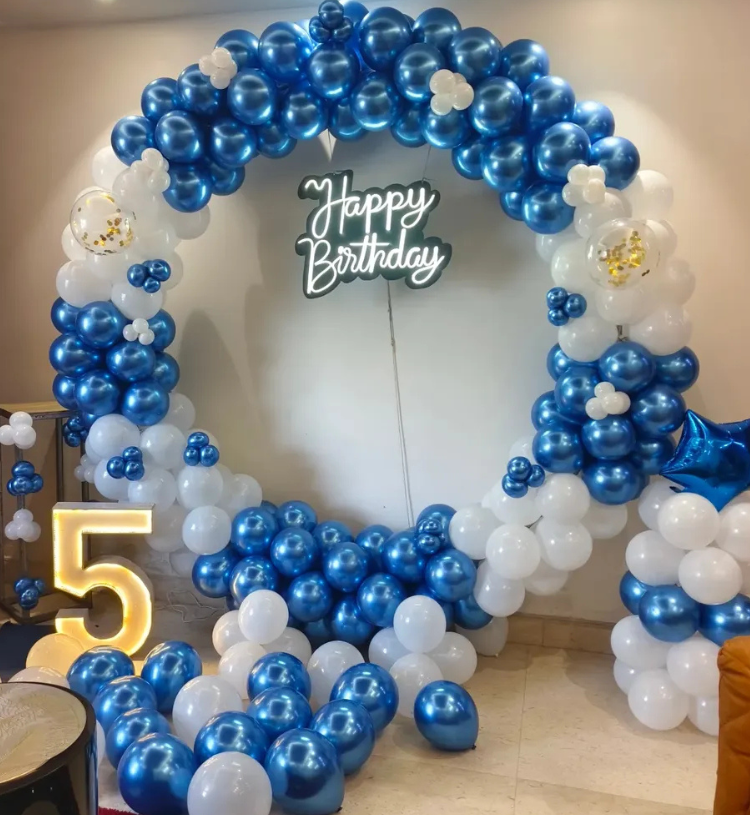 Luxury blue and white balloon ring birthday decoration with Happy Birthday neon sign and LED age number light