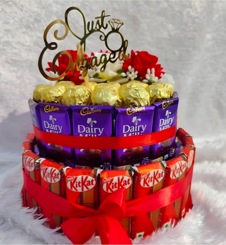 Luxury Just Engaged Premium Chocolate Tower Gift – Ferrero Roche, Dairy Milk & KitKat Two Tier Engagement Hamper