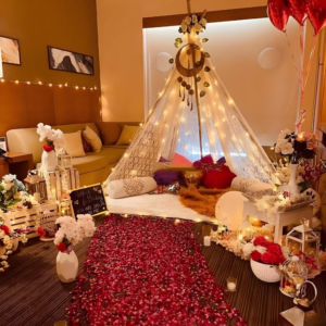 Luxury Romantic Teepee Canopy Room Decoration with Fairy Lights, Rose Petal Pathway & Candle Setup