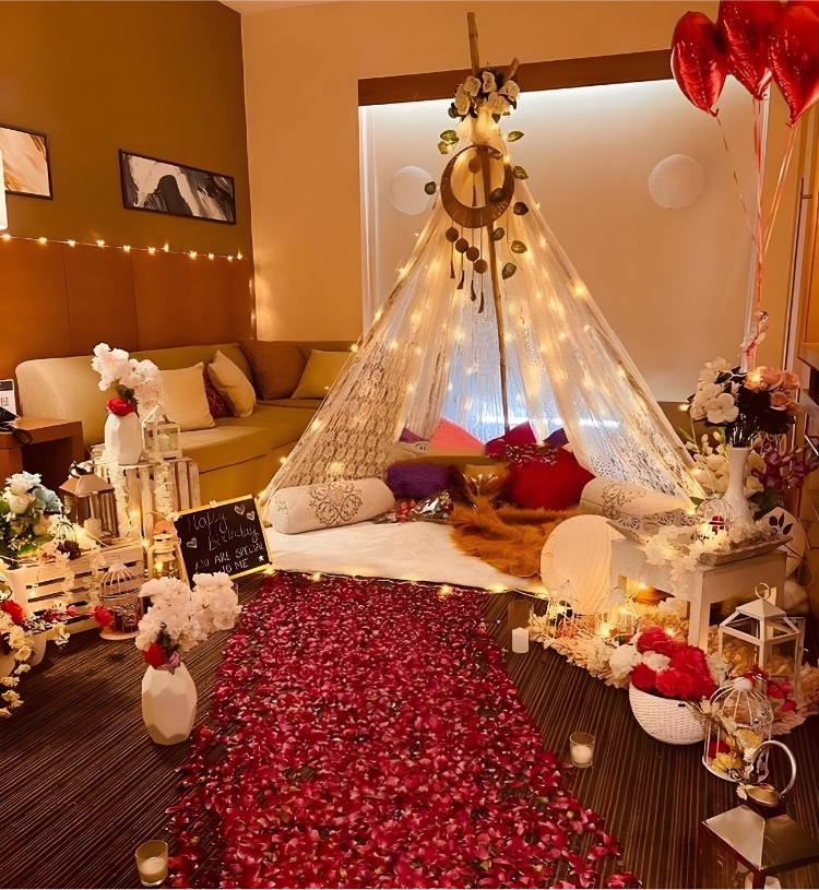 Luxury Romantic Teepee Canopy Room Decoration with Fairy Lights, Rose Petal Pathway & Candle Setup