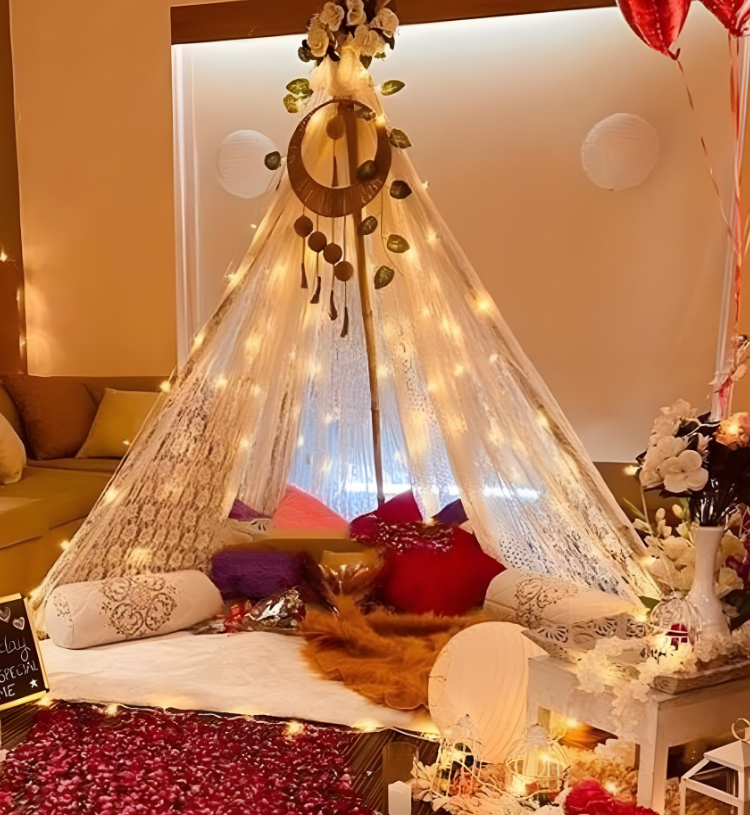 Luxury Romantic Teepee Canopy Room Decoration with Fairy Lights, Rose Petal Pathway & Candle Setup