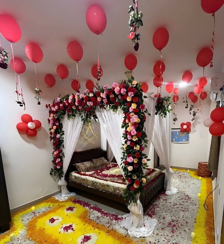 Royal Wedding First Night Room Decoration with Floral Canopy, Ceiling Balloons and Rose Petal Design