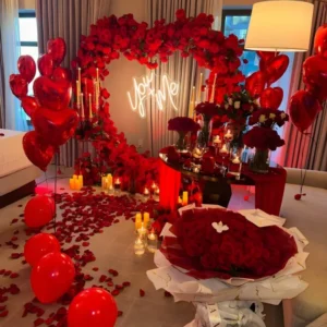 Luxury Romantic Heart Floral Room Decoration with Neon Light, Candles and Rose Petal Pathway