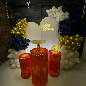 Luxury Navy, Gold and White Birthday Backdrop Decoration with Neon Light and Balloon Styling