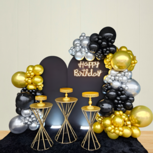 Luxury Black Gold Silver Birthday Backdrop Decoration with Chrome Balloons and Neon Light