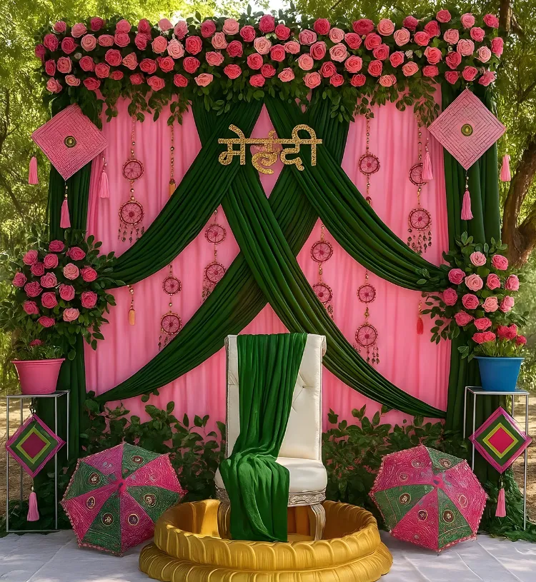 Luxury Mehndi Ceremony Stage Decoration with Green Drapes, Pink Flowers and Traditional Props