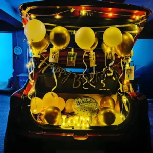 Golden Car Trunk Birthday Surprise Decoration with Lights, Balloons and Photos