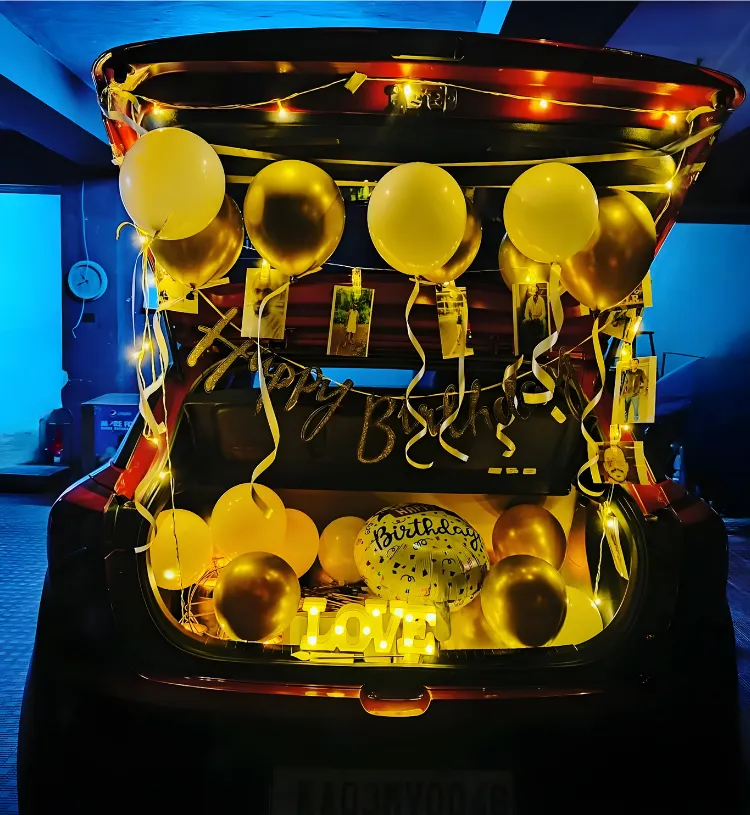 Golden Car Trunk Birthday Surprise Decoration with Lights, Balloons and Photos
