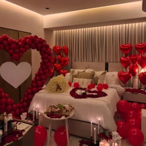 Luxury Romantic Room Decoration with Heart Balloons, Rose Petals and Candle Setup