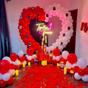 Romantic Heart Balloon Room Decoration with Together Forever Neon, Candles and Rose Petals