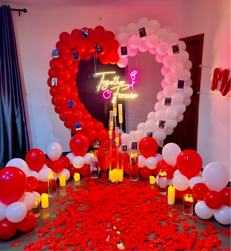 Romantic Heart Balloon Room Decoration with Together Forever Neon, Candles and Rose Petals