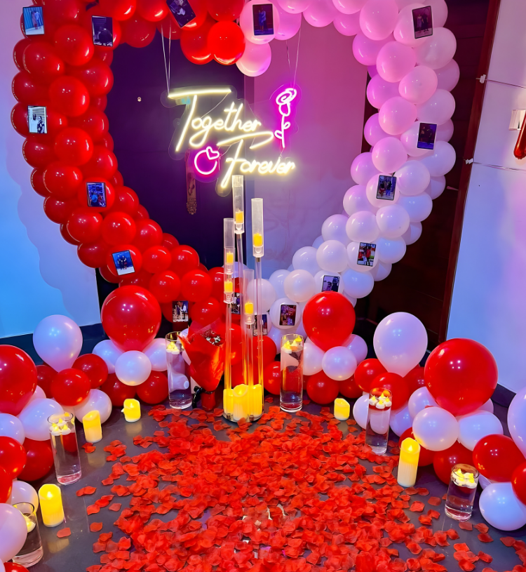 Romantic Heart Balloon Room Decoration with Together Forever Neon, Candles and Rose Petals