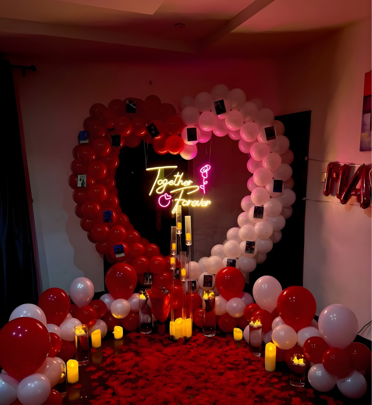 Romantic Heart Balloon Room Decoration with Together Forever Neon, Candles and Rose Petals