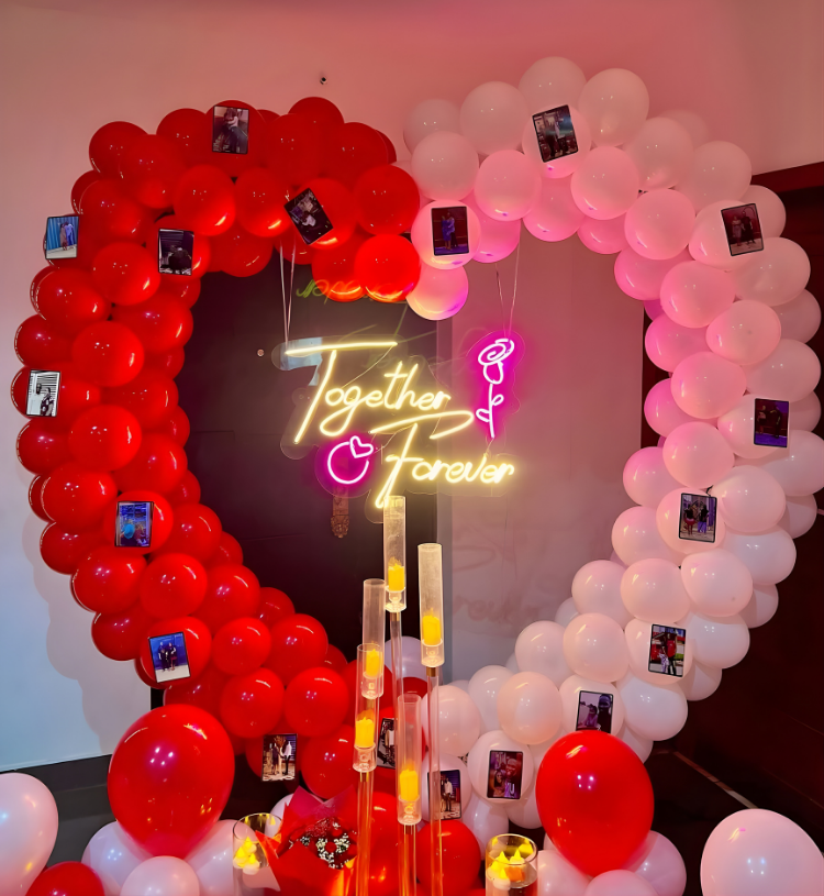 Romantic Heart Balloon Room Decoration with Together Forever Neon, Candles and Rose Petals