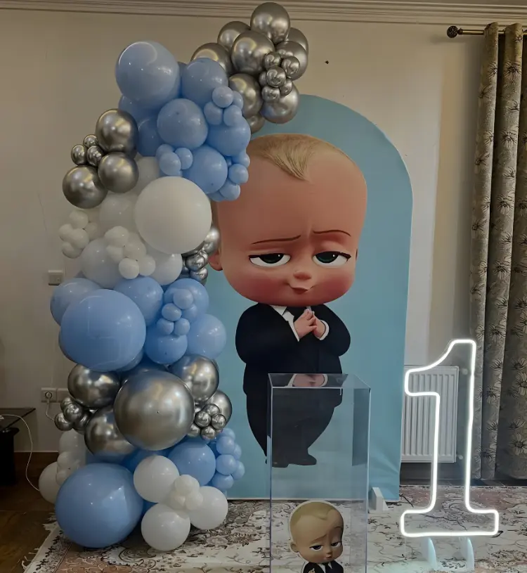 Boss Baby Theme Birthday Decoration with Blue Balloon Garland and LED Number One