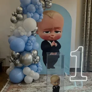 Boss Baby Theme Birthday Decoration with Blue Balloon Garland and LED Number One