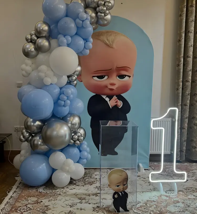 Boss Baby Theme Birthday Decoration with Blue Balloon Garland and LED Number One