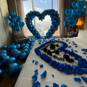 Luxury Blue Heart Romantic Room Decoration with Balloons, Rose Petals and Candles