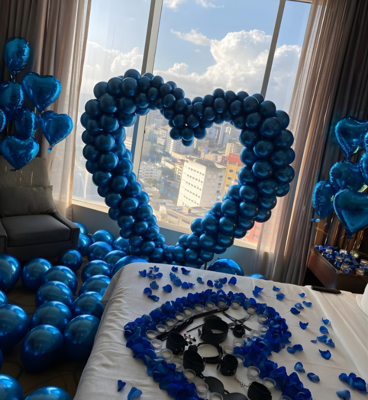 Luxury Blue Heart Romantic Room Decoration with Balloons, Rose Petals and Candles