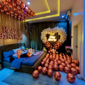 Luxury Birthday Room Decoration with Chrome Balloons, Ceiling Balloons and Heart Backdrop