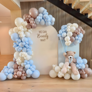 Pastel Teddy Bear Baby Shower Decoration with Balloon Garland and Cute Backdrop
