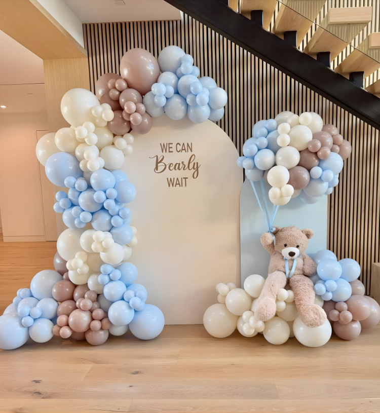 Pastel Teddy Bear Baby Shower Decoration with Balloon Garland and Cute Backdrop