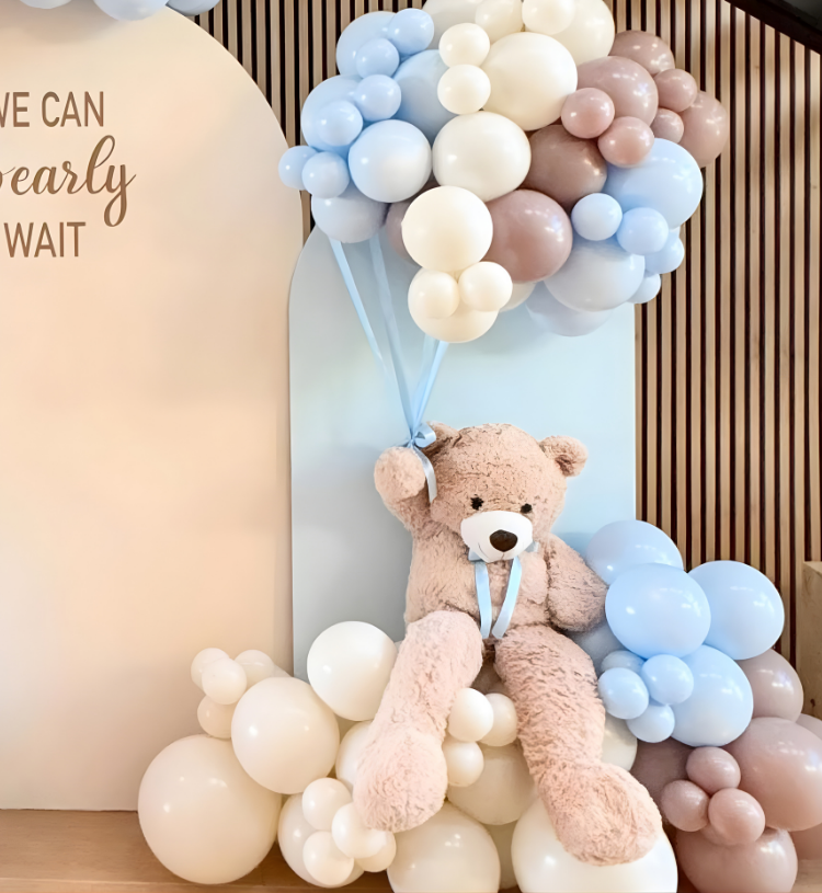 Pastel Teddy Bear Baby Shower Decoration with Balloon Garland and Cute Backdrop